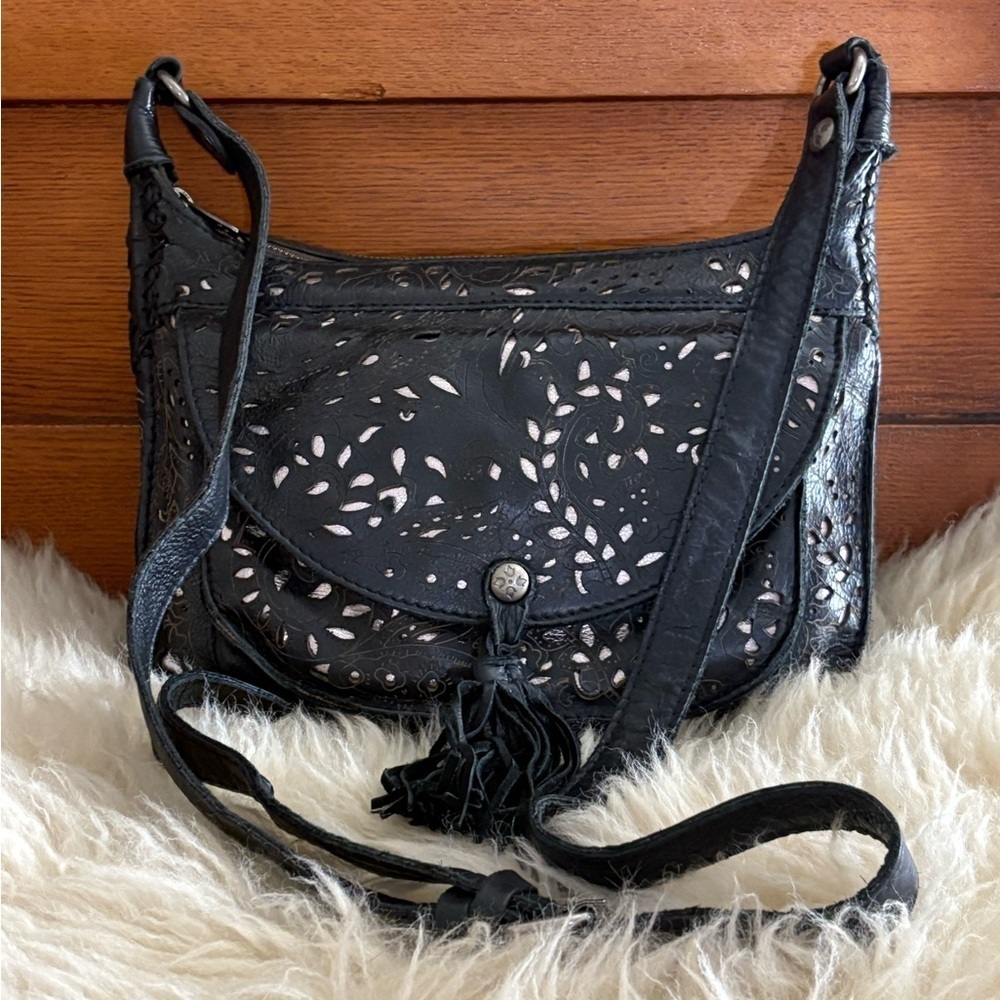 Patricia Nash Black Laser Cut Leather with Silver Underlay Fringe Crossbody Bag